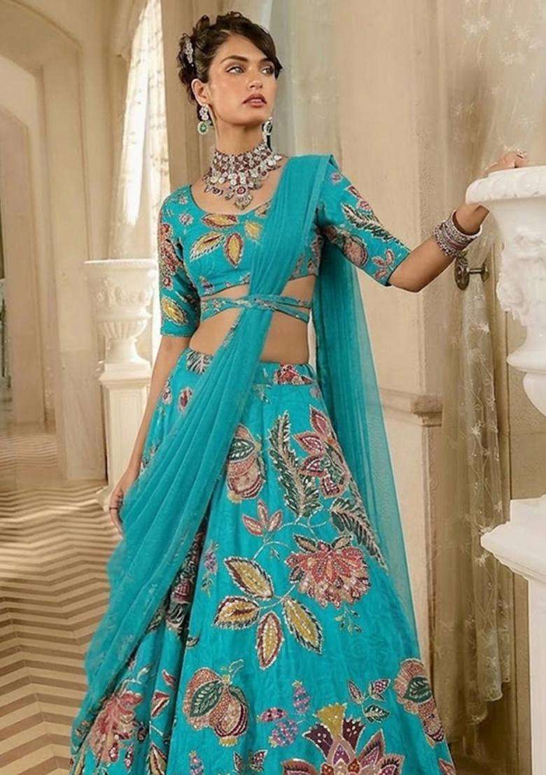 Teal Blue Printed Organza Lehenga Set - Indya