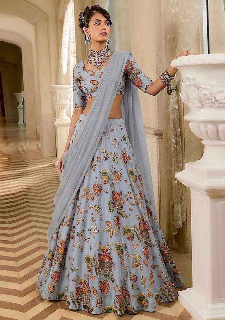 Pastel Blue Printed Organza Lehenga Set - Indya