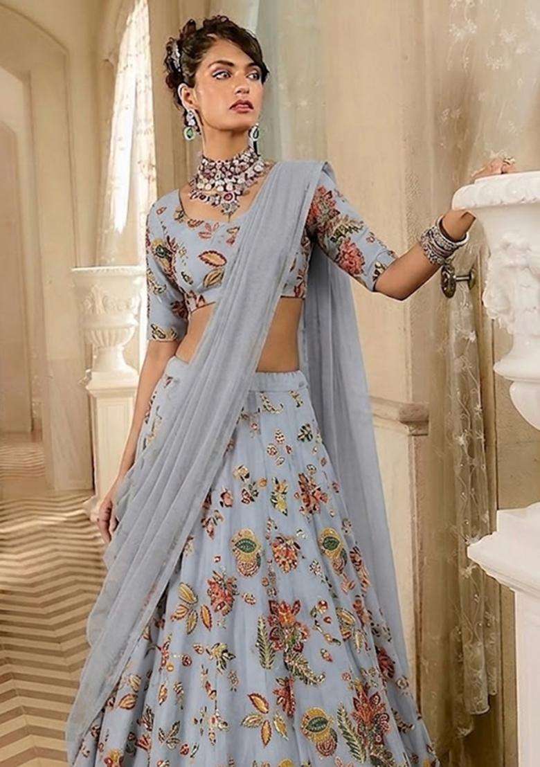 Pastel Blue Printed Organza Lehenga Set - Indya