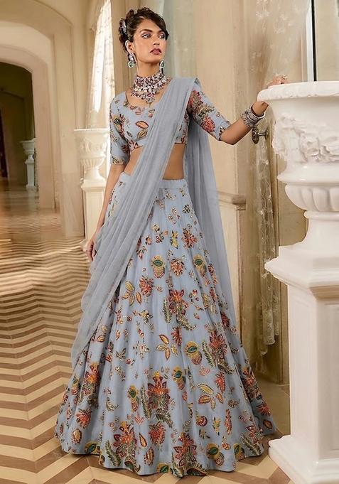 Pastel Blue Printed Organza Lehenga Set