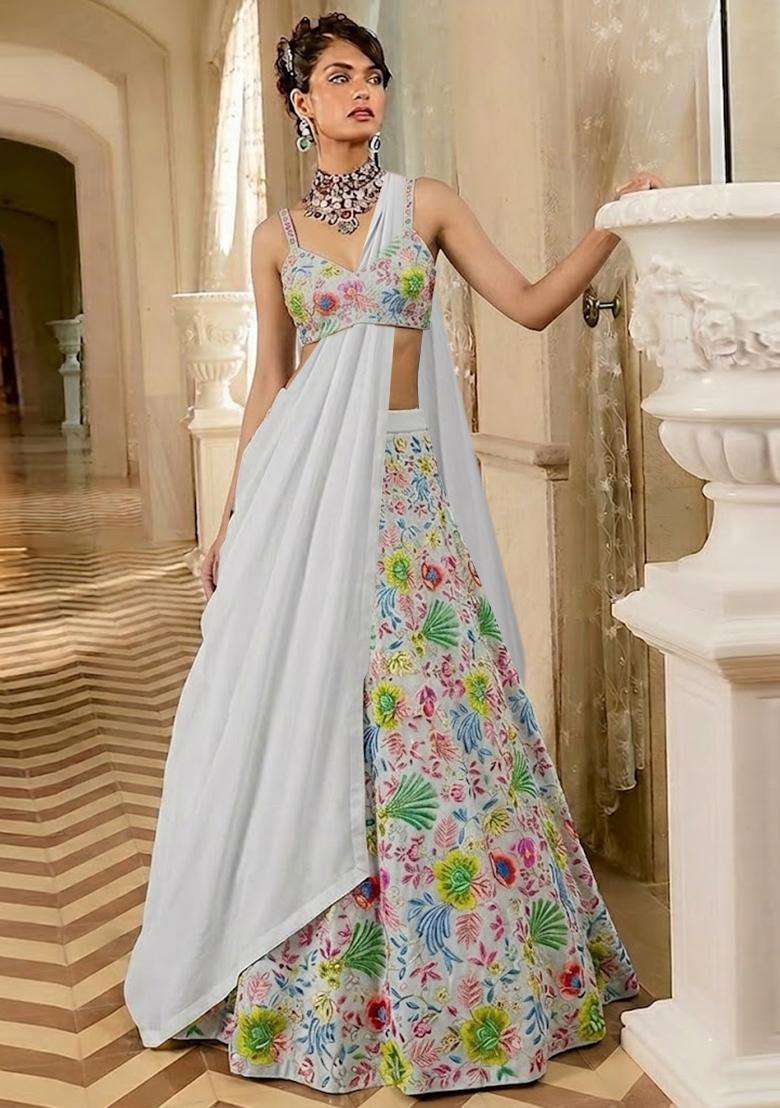 Off White Printed Organza Lehenga Set - Indya