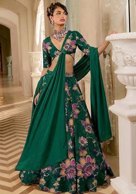 Bottle Green Printed Organza Lehenga Set