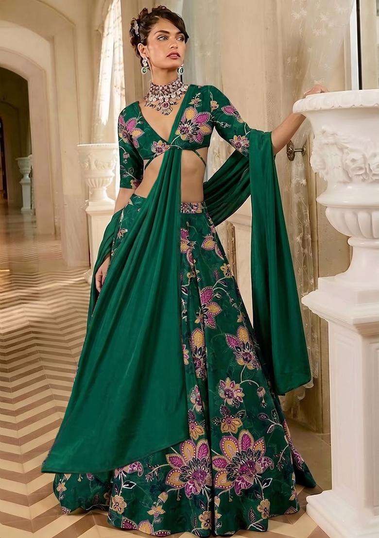 Bottle Green Printed Organza Lehenga Set - Indya
