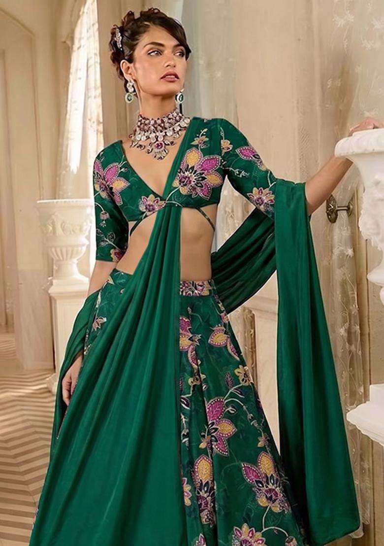 Bottle Green Printed Organza Lehenga Set - Indya