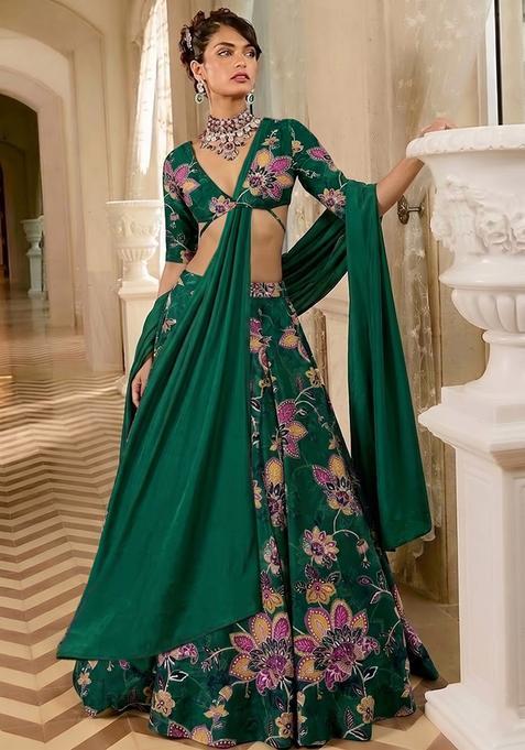 Bottle Green Printed Organza Lehenga Set