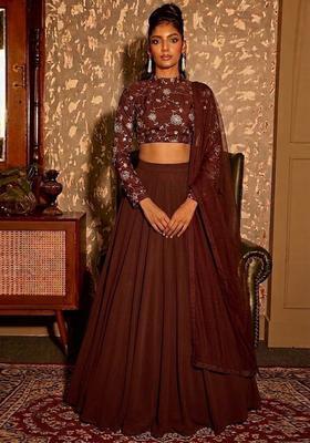 Chocolate Brown Embroidered Silk Lehenga Set