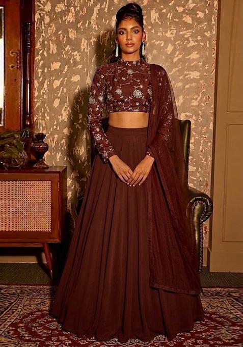 Chocolate Brown Embroidered Silk Lehenga Set