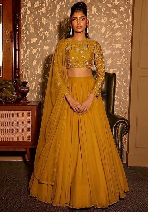 Mustard Embroidered Silk Lehenga Set