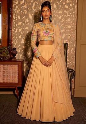 Peach Printed Organza Lehenga Set