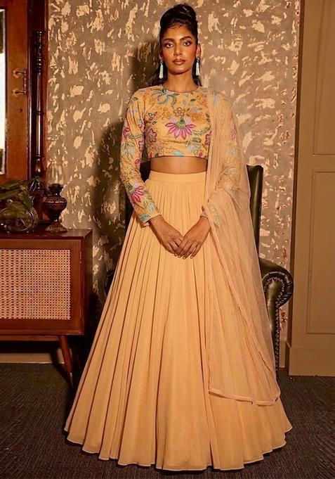 Peach Printed Organza Lehenga Set