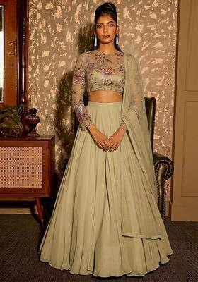Sage Green Printed Organza Lehenga Set