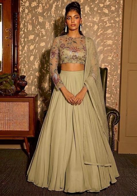 Sage Green Printed Organza Lehenga Set