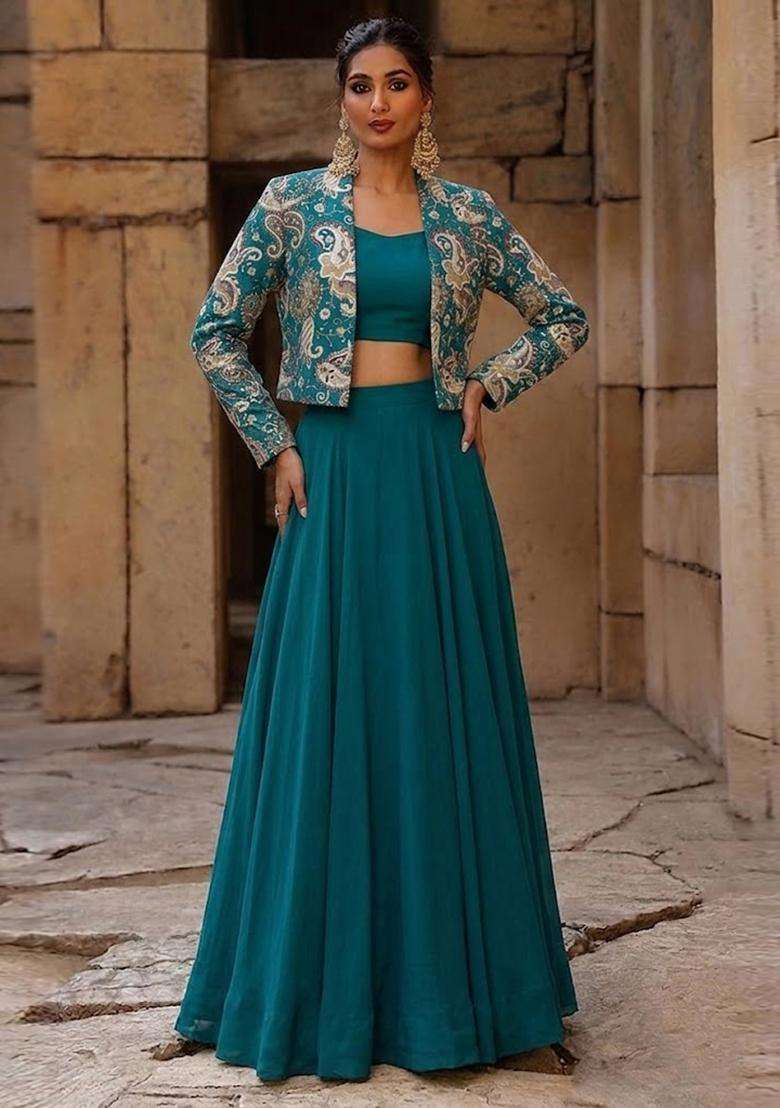 Green Printed Crepe Fusion Set - Indya