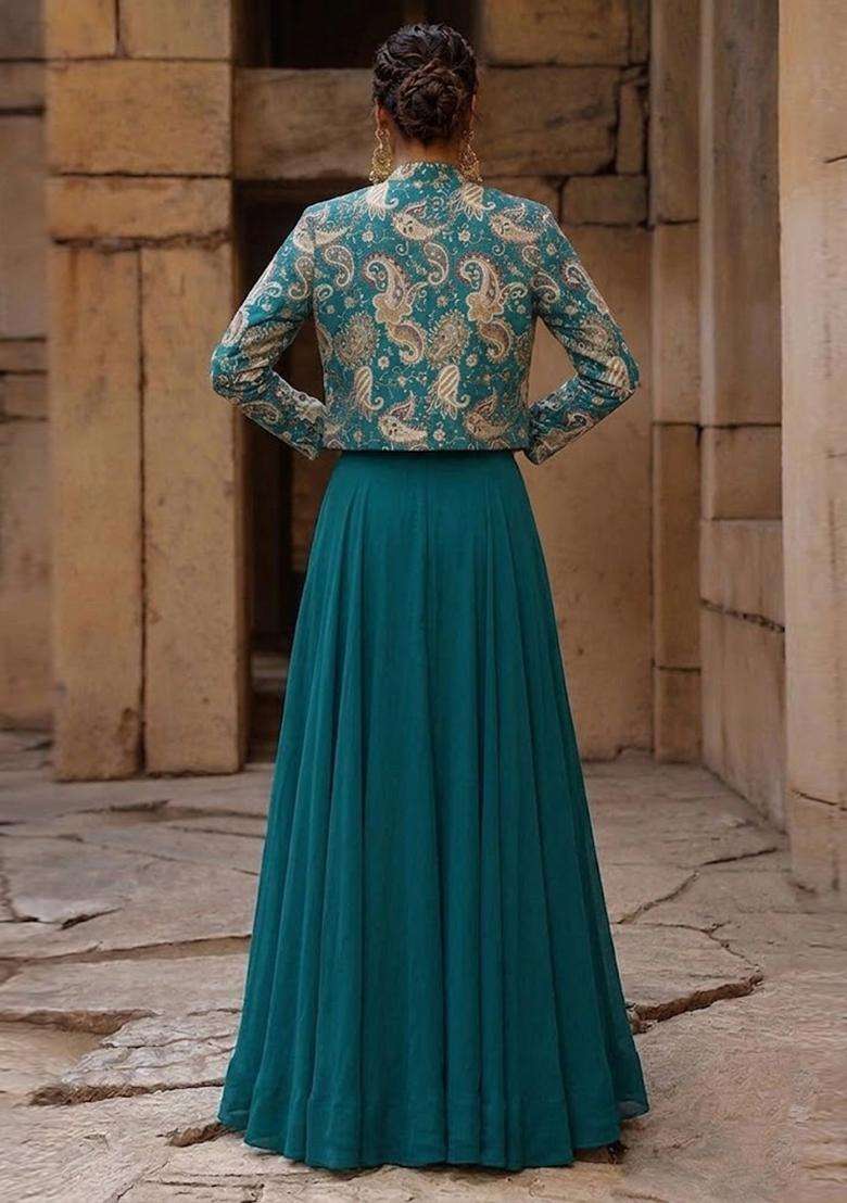 Green Printed Crepe Fusion Set - Indya