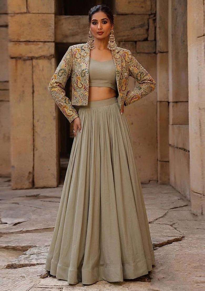 Grey Printed Crepe Fusion Set - Indya