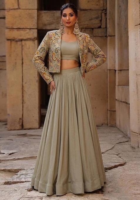Grey Printed Crepe Fusion Set