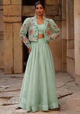 Mint Green Printed Organza Fusion Set