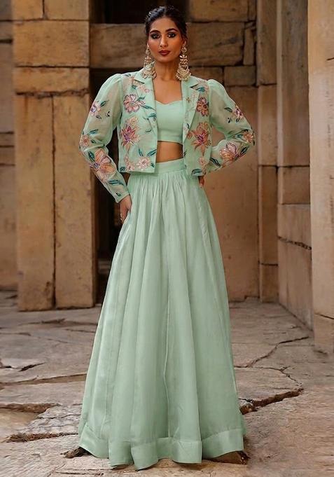 Mint Green Printed Organza Fusion Set