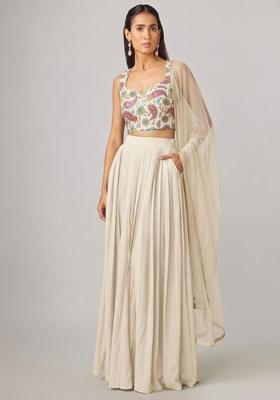 Off White Printed Crepe Lehenga Set