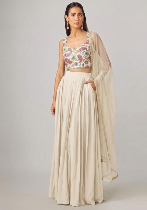 Off White Printed Crepe Lehenga Set