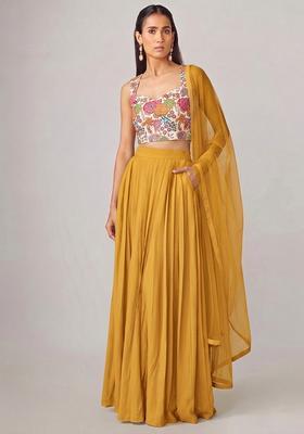 Pearl White Printed Crepe Lehenga Set