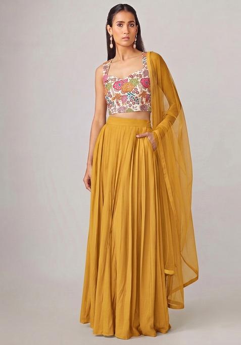 Pearl White Printed Crepe Lehenga Set