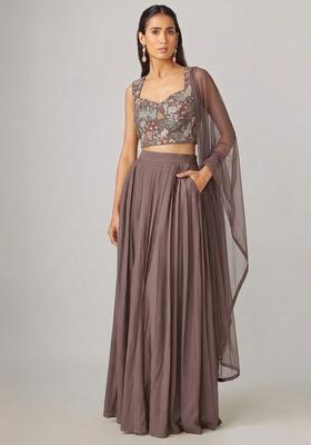Mauve Embroidered Crepe Lehenga Set