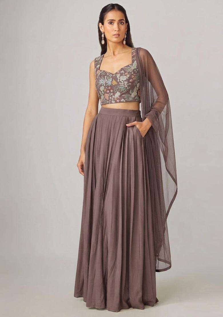 Mauve Embroidered Crepe Lehenga Set - Indya