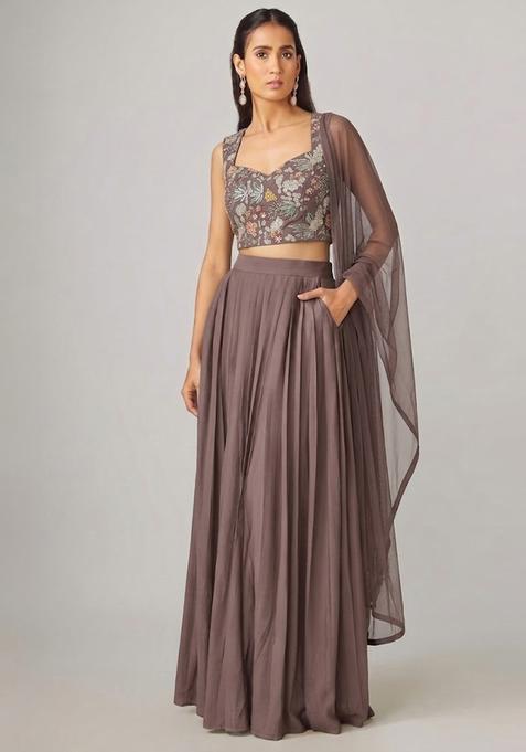 Mauve  Embroidered Crepe Lehenga Set
