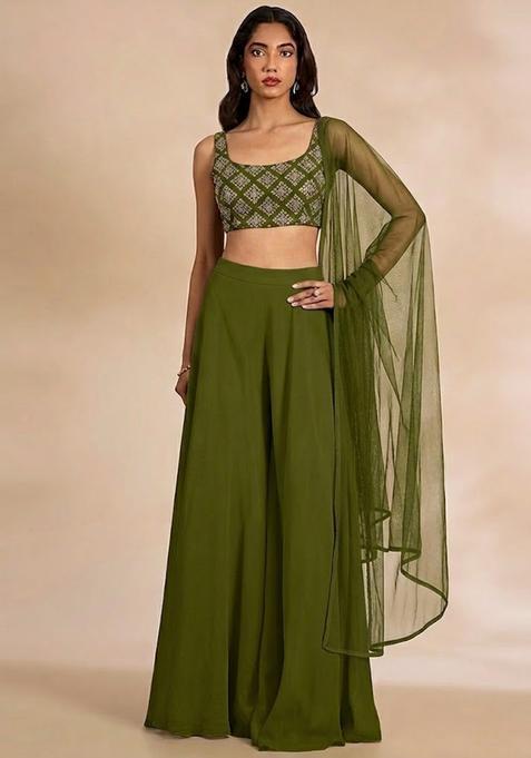 Olive Green Embroidered Crepe Fusion Set