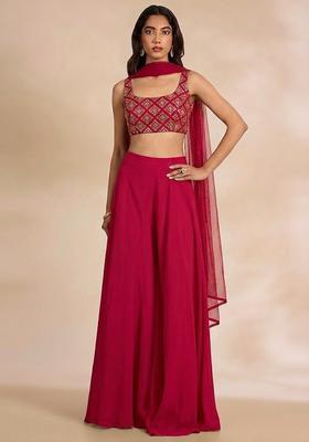 Hot Pink Embroidered Crepe Fusion Set