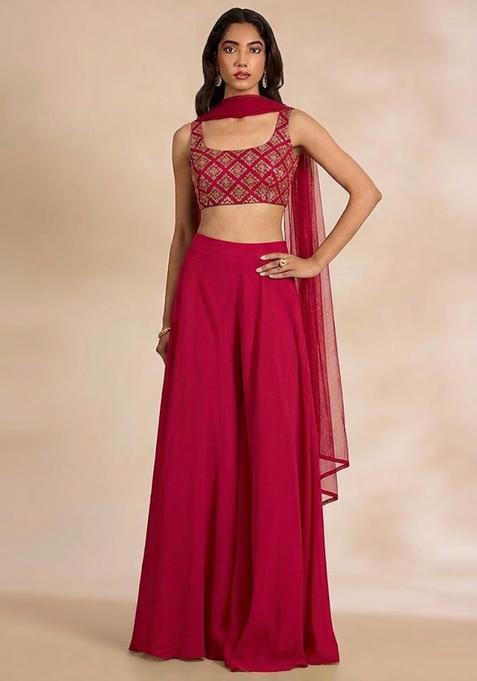 Hot Pink Embroidered Crepe Fusion Set
