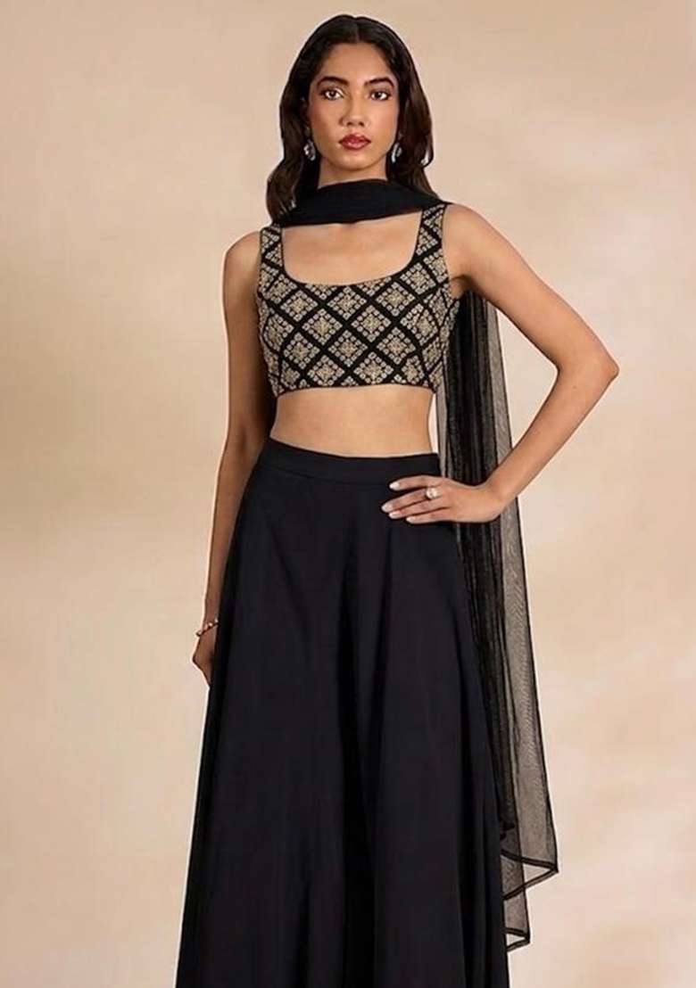 Jet Black Embroidered Crepe Fusion Set - Indya