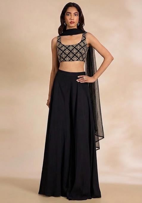 Jet Black Embroidered Crepe Fusion Set