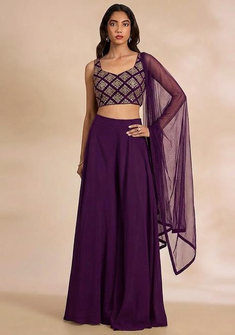 Deep Purple Embroidered Crepe Fusion Set