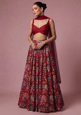 Red Printed Crepe Lehenga Set