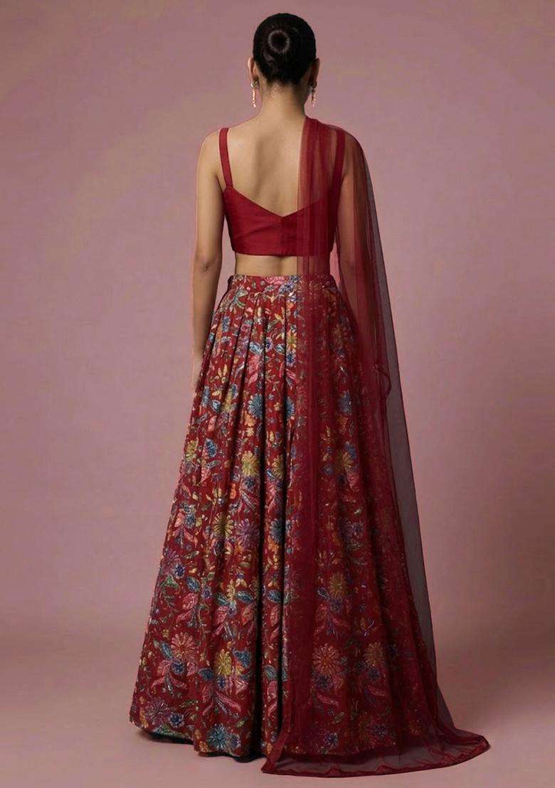 Red Printed Crepe Lehenga Set for Diwali and Festive Wear - Indya