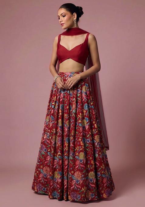 Red Printed Crepe Lehenga Set