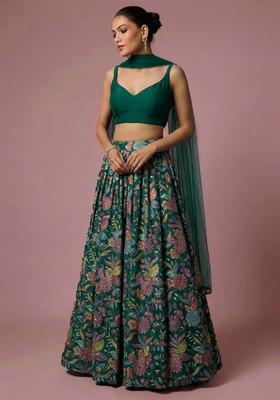 Bottle Green Printed Crepe Lehenga Set