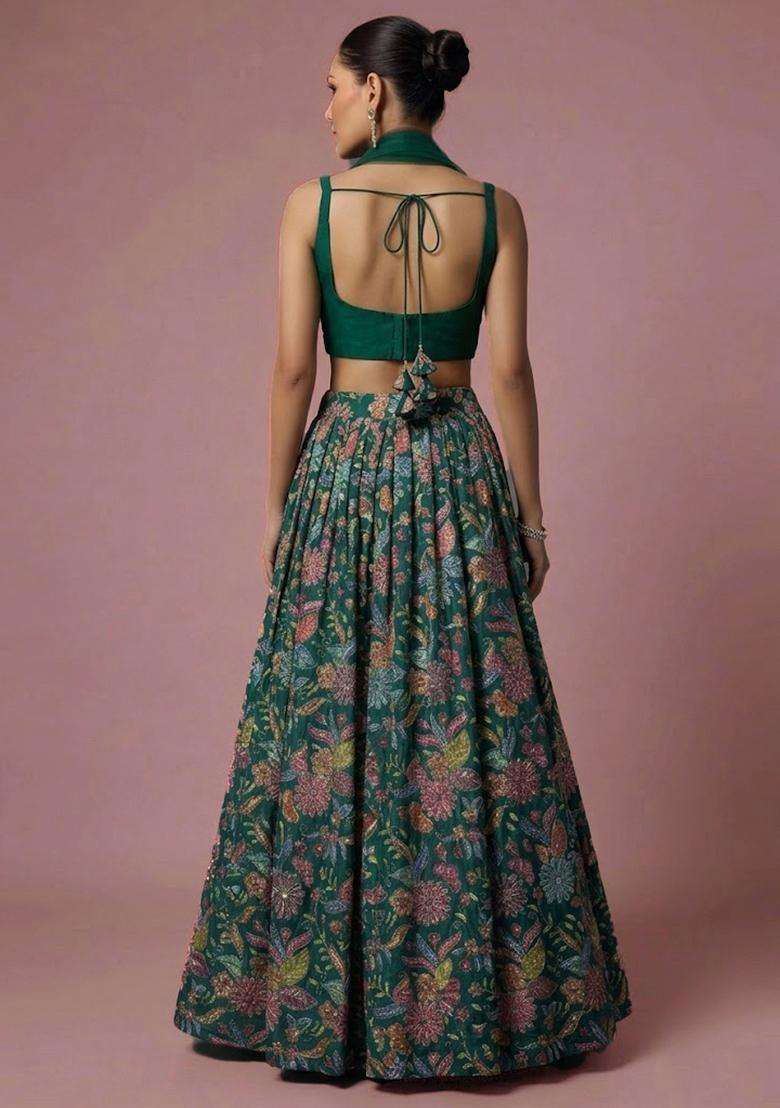 Bottle Green Crepe Lehenga Set with Printed for Diwali | Wedding & Festive Wear - Indya