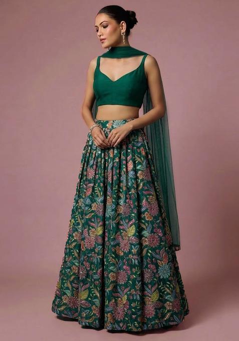 Bottle Green Printed Crepe Lehenga Set