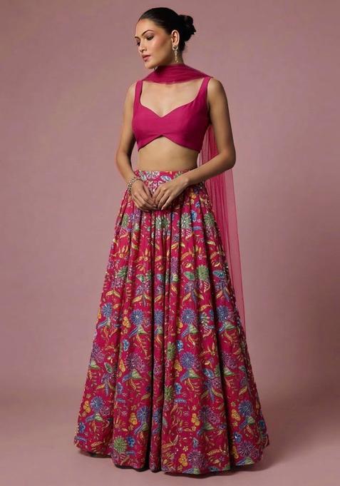 Pink Printed Crepe Lehenga Set