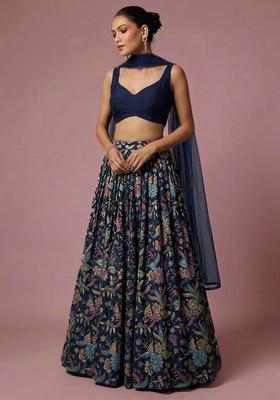 Navy Blue Printed Crepe Lehenga Set