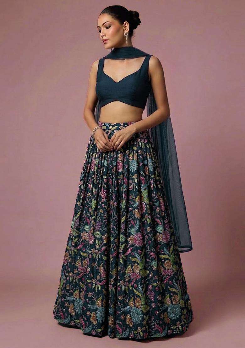 Navy Blue Printed Crepe Lehenga Set - Indya