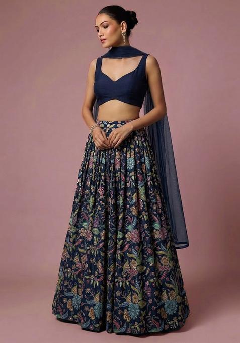 Navy Blue Printed Crepe Lehenga Set