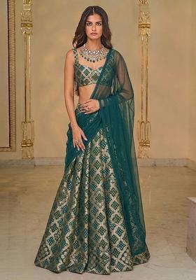 Green Zari Silk Blend Lehenga Set
