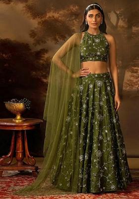 Olive Green Embroidered Silk Lehenga Set