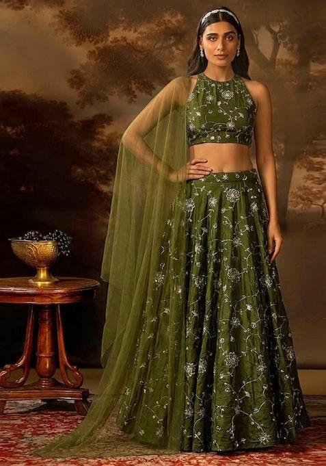 Olive Green Embroidered Silk Lehenga Set