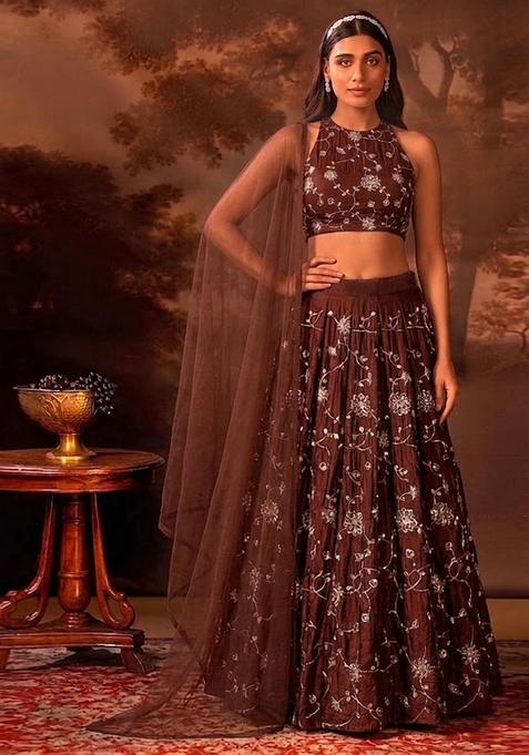 Chocolate Brown Embroidered Silk Lehenga Set