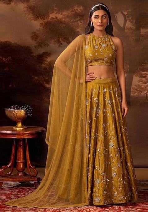 Mustard Embroidered Silk Lehenga Set